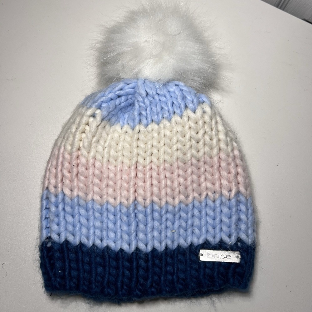 Bebe Kids Striped Beanie White Faux‎ Fur Pom-Pom